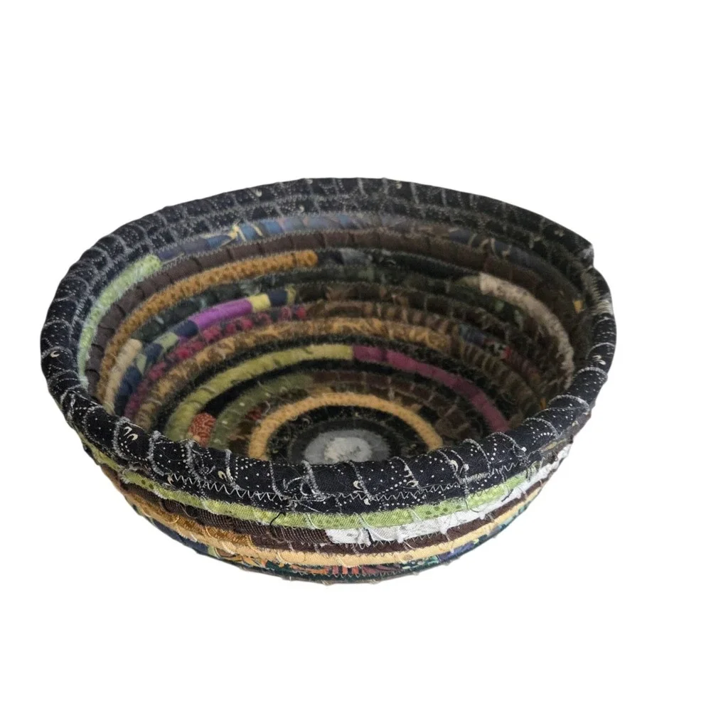Rag Rug Coiled Rope Fabric Basket Clothesline Bowl Boho Hippie Grandmacore